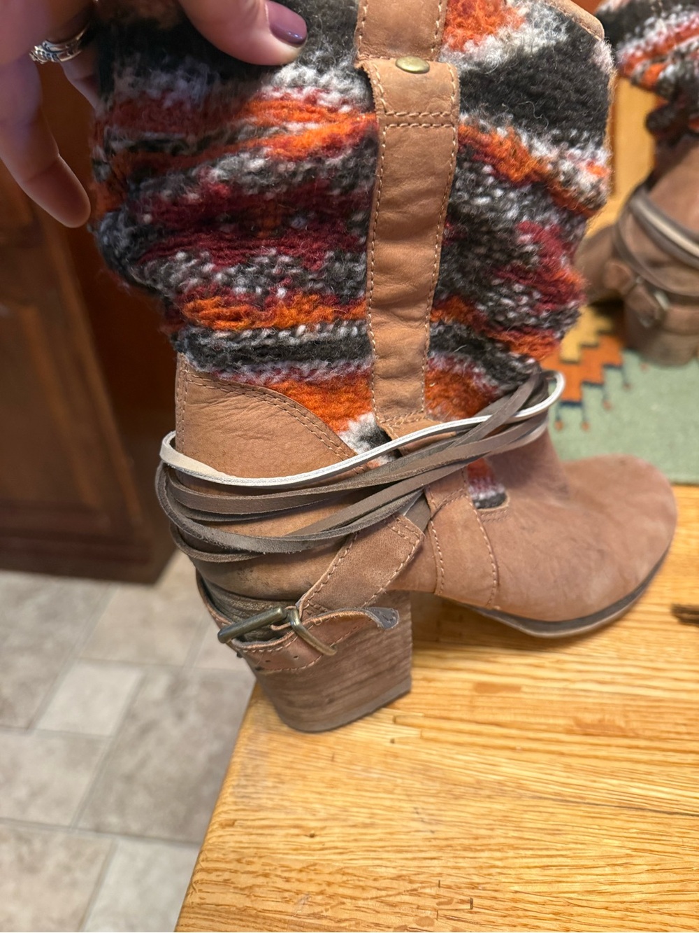 Steve Madden Taupe Suede Mid-Calf Boot with Multicolor Knit Cuff